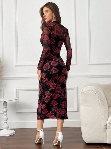 Modely Women's Floral Print Dress, Elegant Long Sleeve Fitted Dress