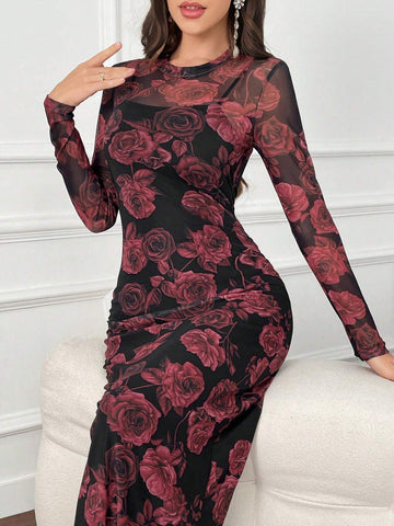 Modely Women's Floral Print Dress, Elegant Long Sleeve Fitted Dress