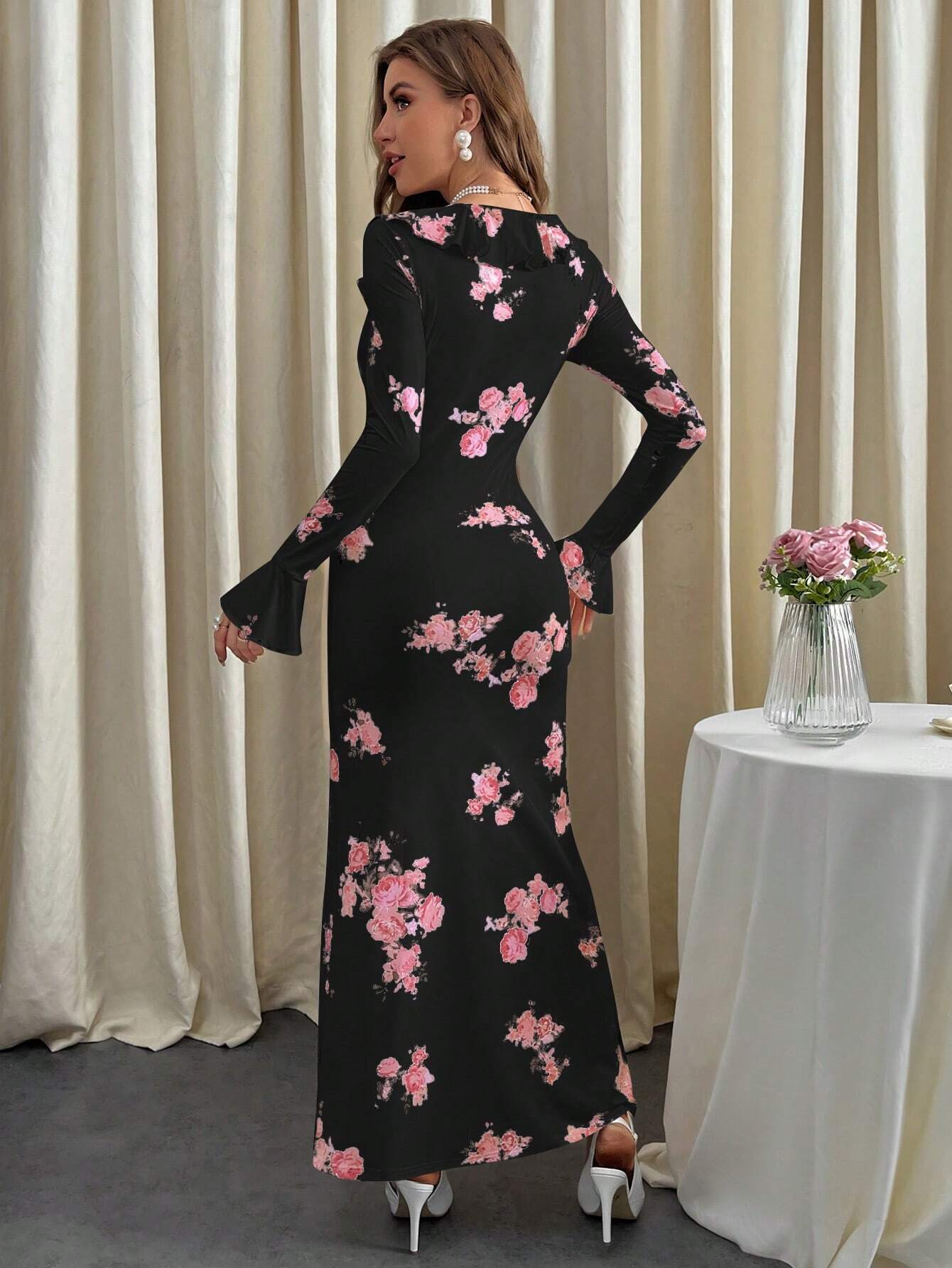 Firerie Women's Floral Print Bell Sleeve Dress