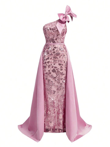 Belle Women's Gorgeous Sequin Shoulder Bowknot Maxi Evening Dress