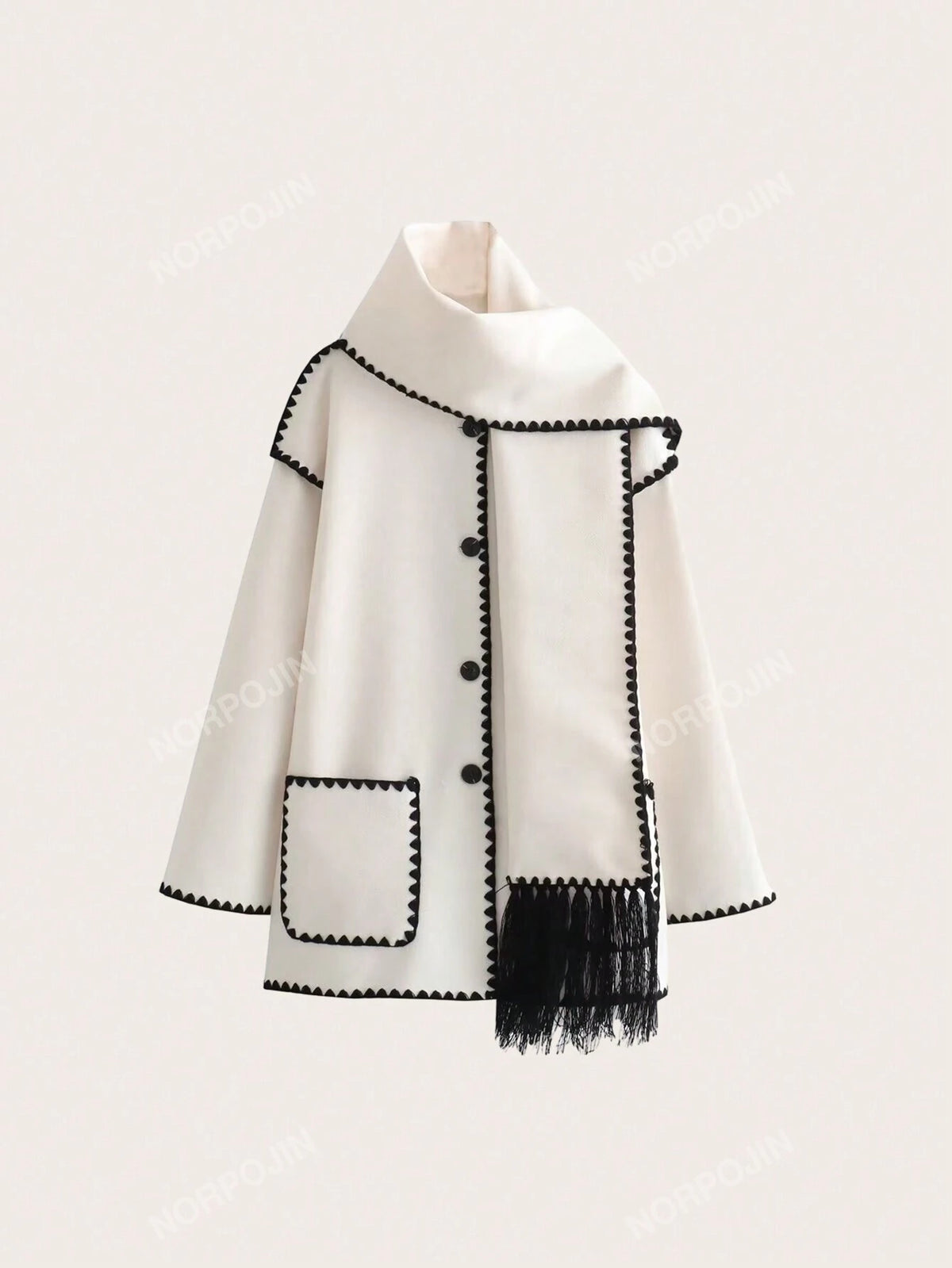 Woolen Coat Spliced With Scarf