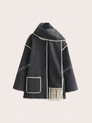 Woolen Coat Spliced With Scarf