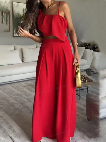 VCAY Red High Waist Irregular Shoulder Ruffle Trim Top And Wide Leg Pants