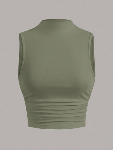 EZwear Stand Collar Pleated Sleeveless Top