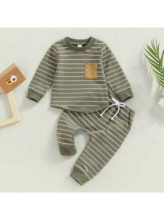 Newborn Baby Boy Striped Long Sleeve Round Neck Sportswear And Elastic Waist Sports Pants