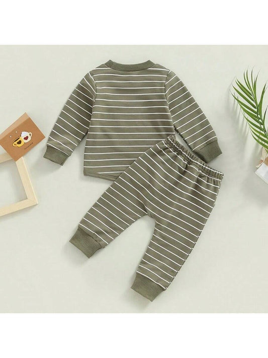 Newborn Baby Boy Striped Long Sleeve Round Neck Sportswear And Elastic Waist Sports Pants