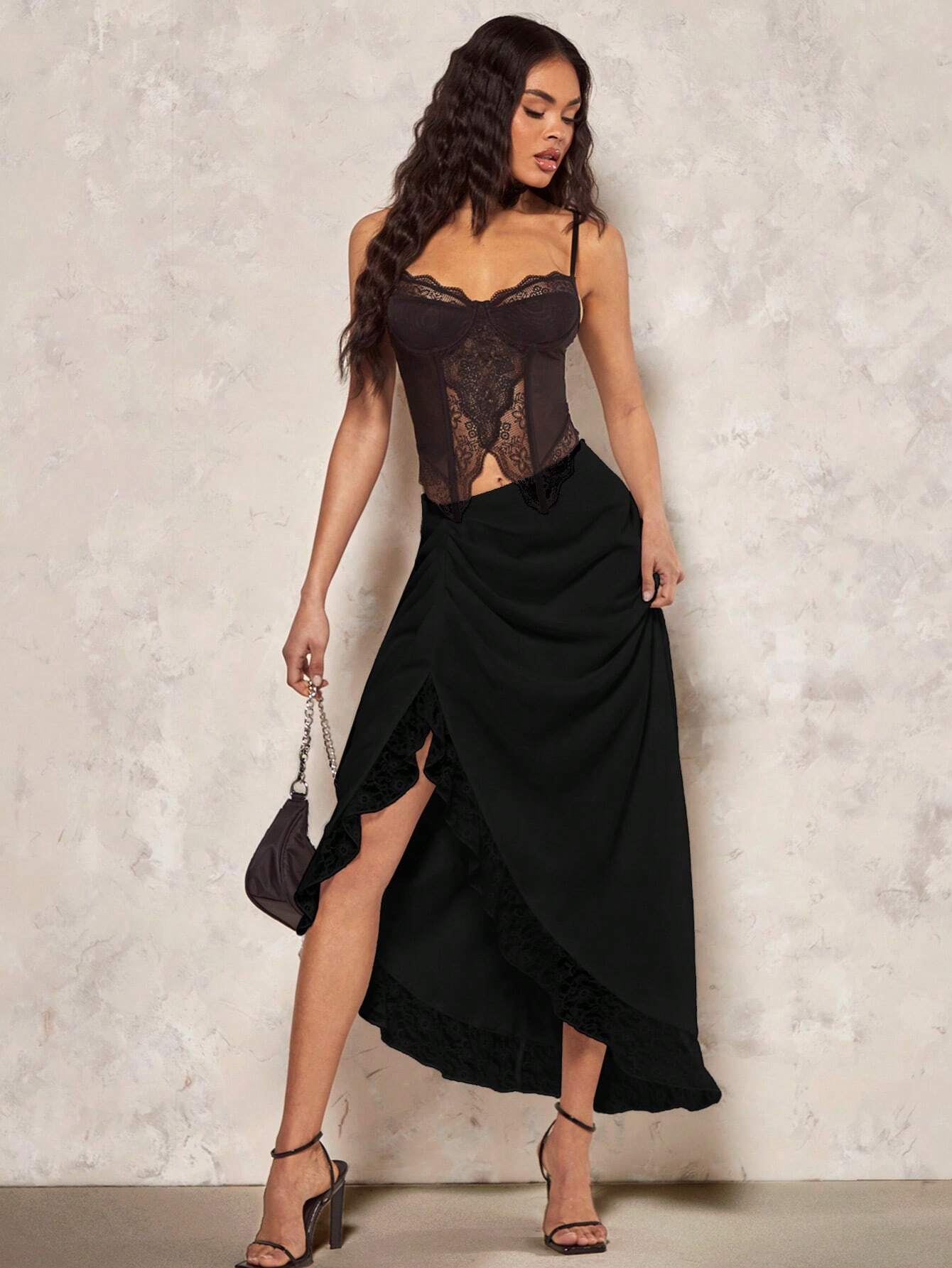 BAE Romantic Valentine's Day Date Satin & Lace Contrast Asymmetrical Hem Women Midi Skirt