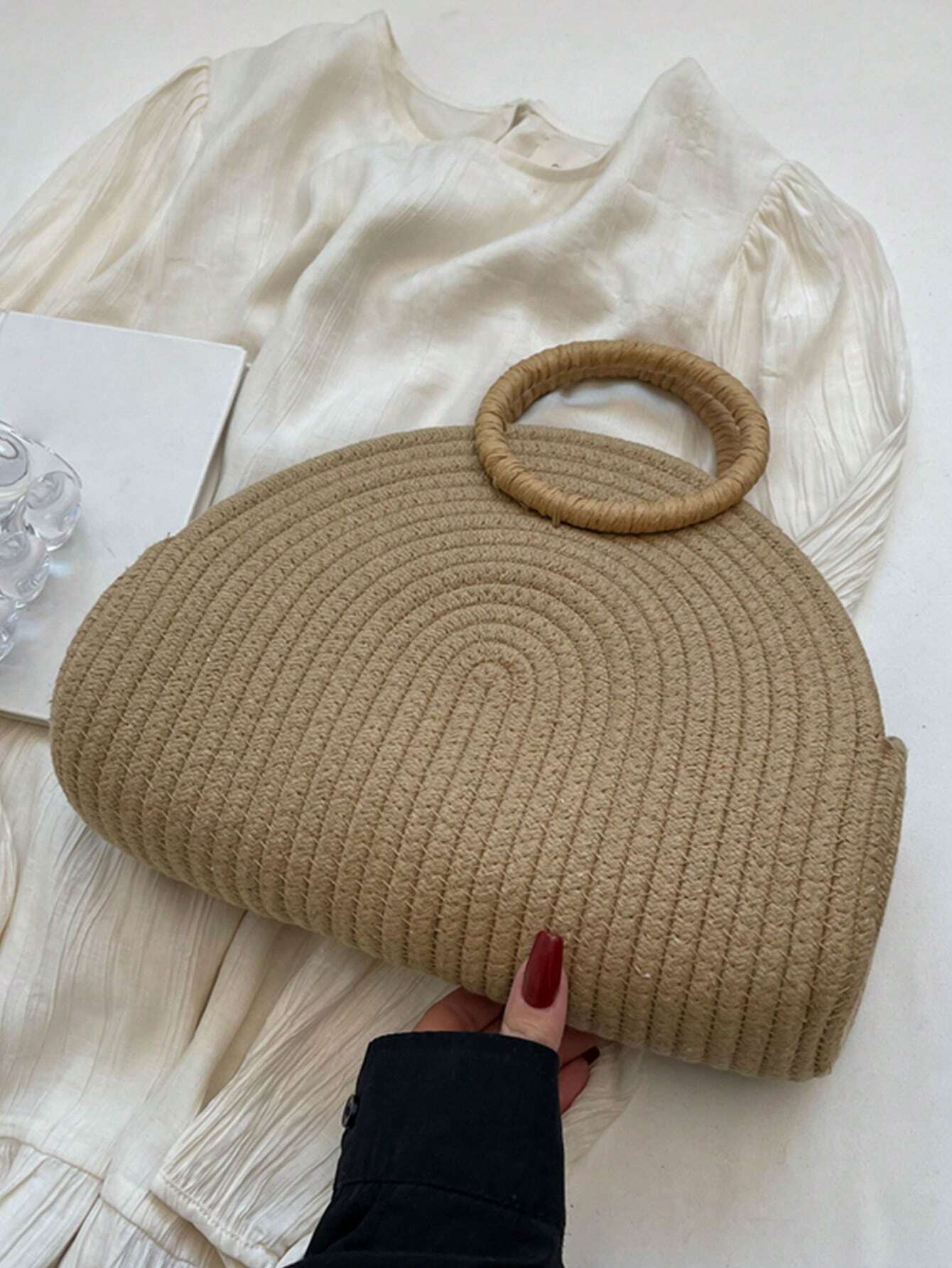 Straw Semi-Circular Tote Bag