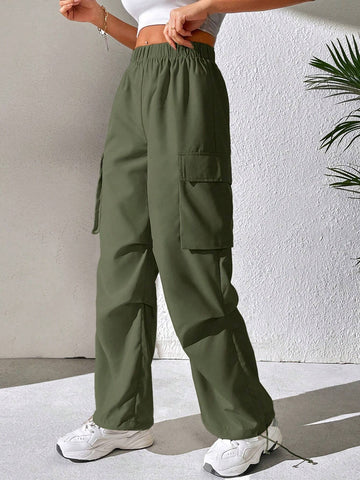 PETITE Elastic Waist Flap Pocket Side Cargo Pants