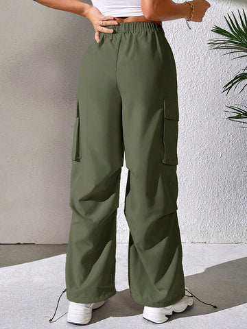 PETITE Elastic Waist Flap Pocket Side Cargo Pants
