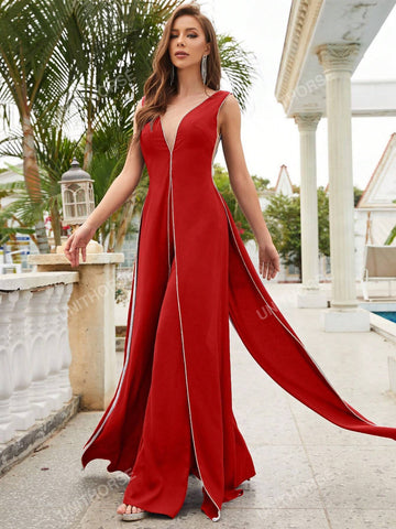 Sleeveless V-Neck Rhinestone Decorated Edge Jumpsuit