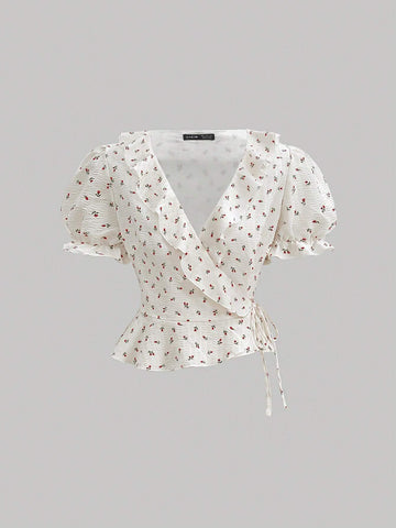 MOD White Vintage Floral Print Puff Sleeve Blouse With Ruffled Hem