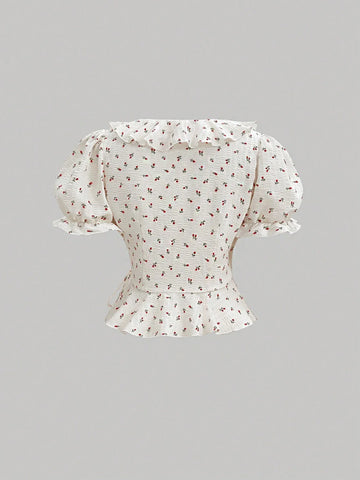 MOD White Vintage Floral Print Puff Sleeve Blouse With Ruffled Hem