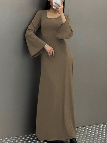 Women Casual Round Neck Bodycon Long Flare Sleeves Back Tie Elegant Daily Street Spring Long Dress