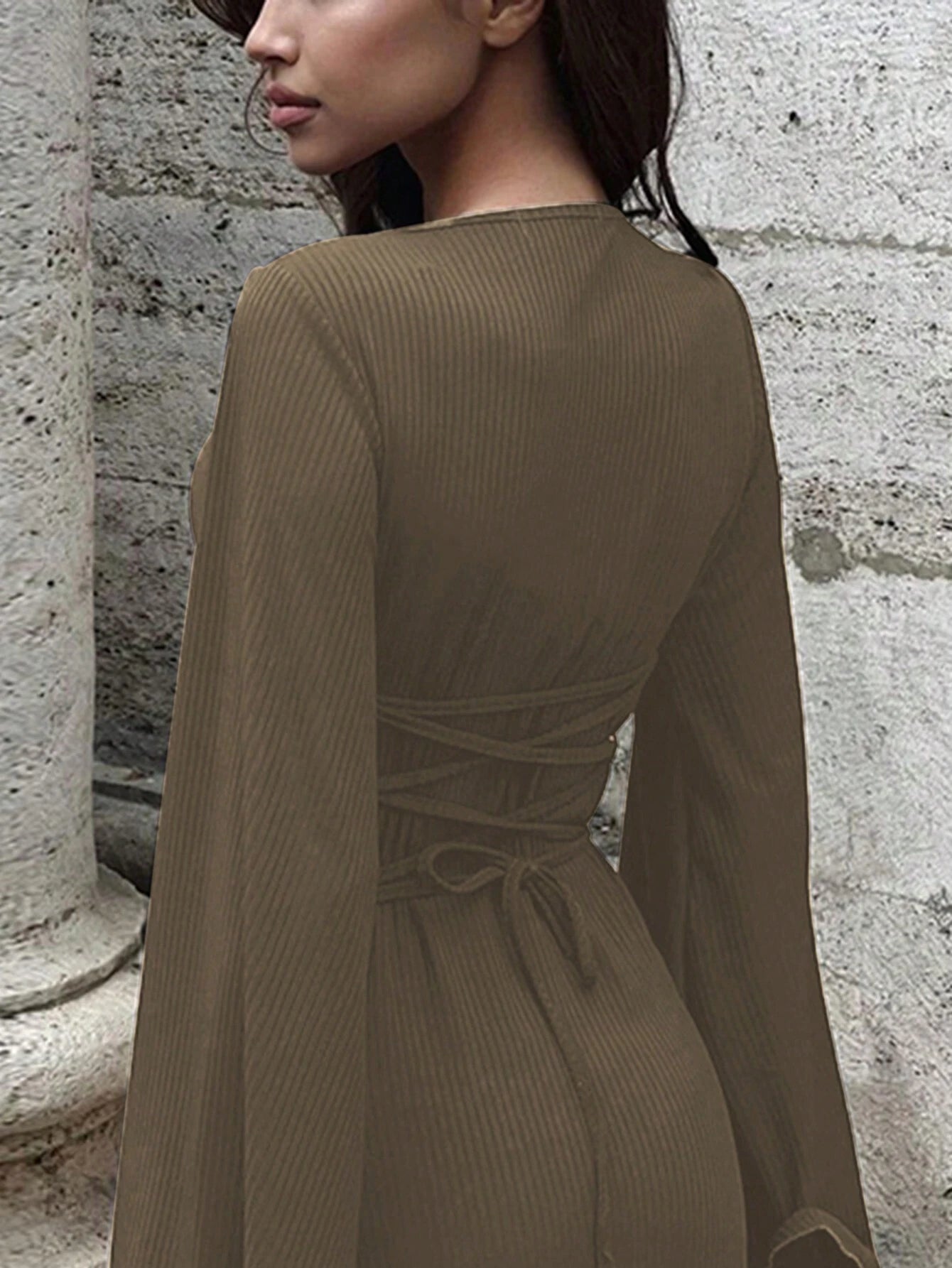 Women Casual Round Neck Bodycon Long Flare Sleeves Back Tie Elegant Daily Street Spring Long Dress