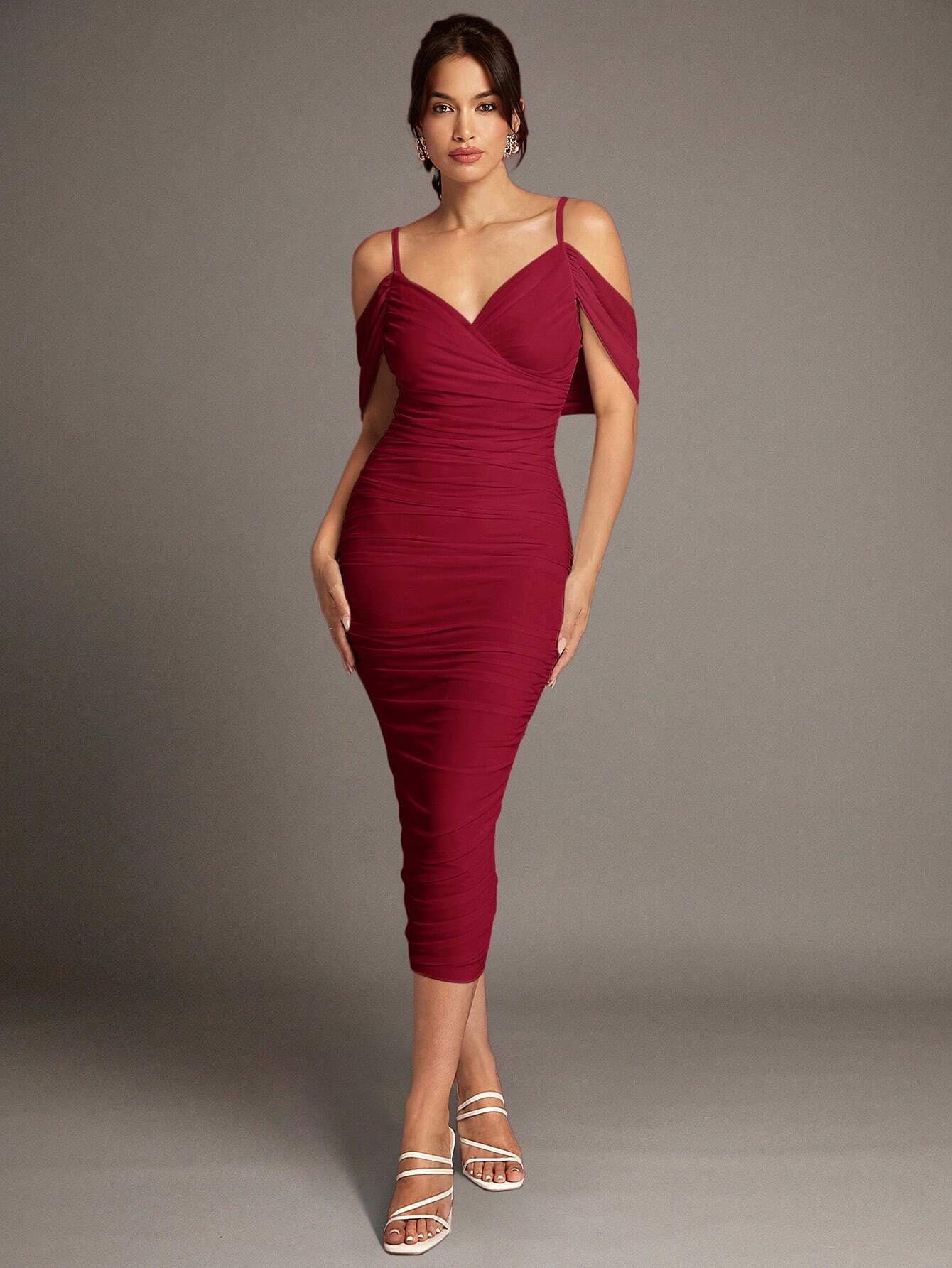 Silquee Off-Shoulder Pleated Mesh Suspender Long Dress