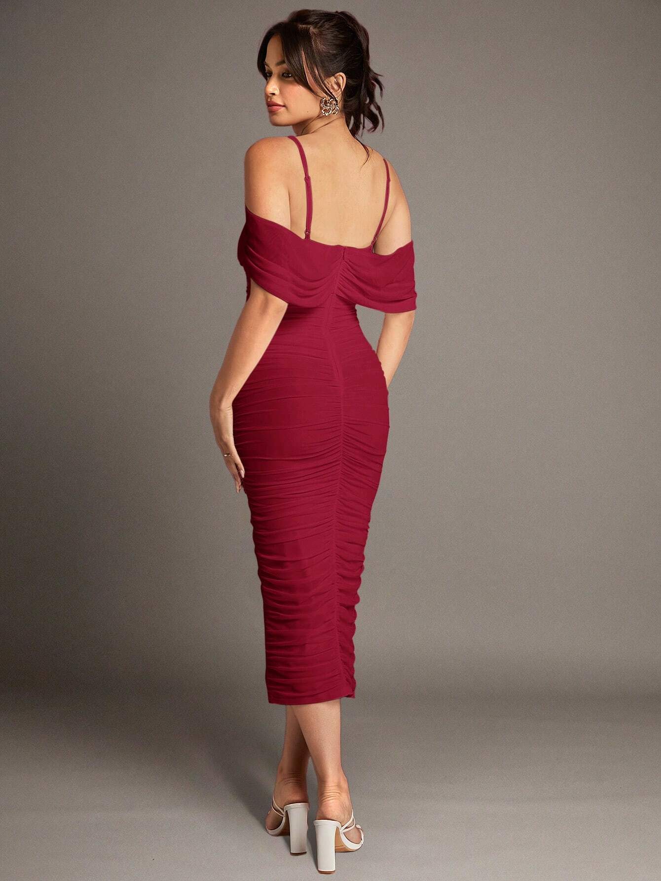 Silquee Off-Shoulder Pleated Mesh Suspender Long Dress