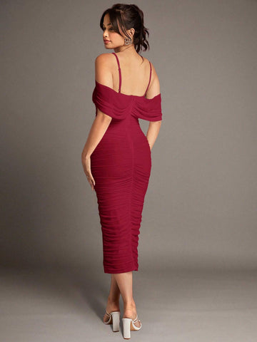 Silquee Off-Shoulder Pleated Mesh Suspender Long Dress