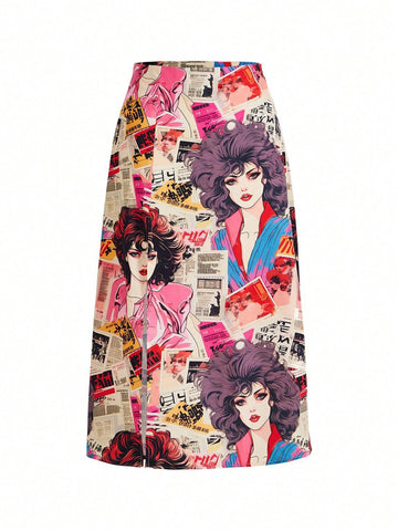 Venus In Bloom Artist Girlcore Regular Waist Jointed Mid-Length Women's Cartoon Character Printed Slit Hem Skirt