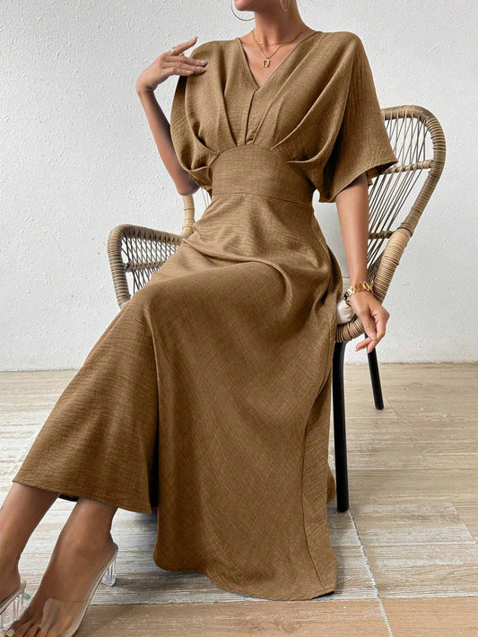 Priv� V-Neck Pleated Batwing Sleeve Dress