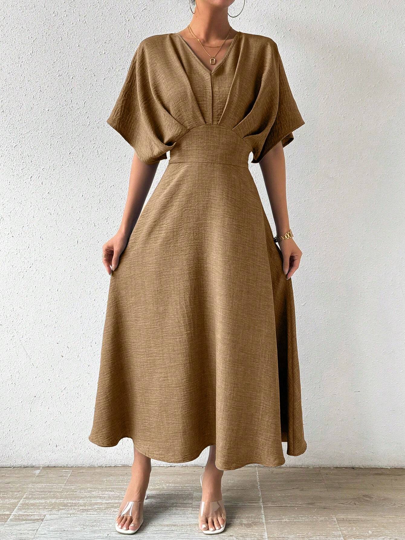Priv� V-Neck Pleated Batwing Sleeve Dress