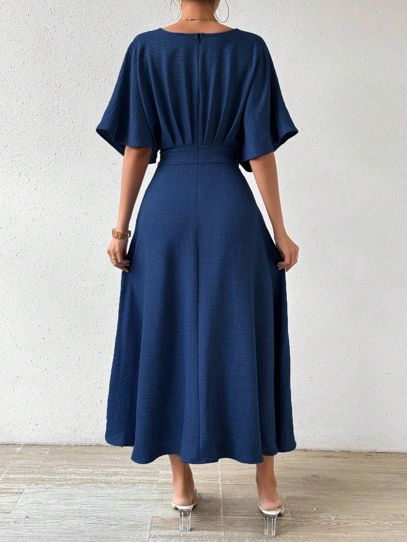 Priv� V-Neck Pleated Batwing Sleeve Dress