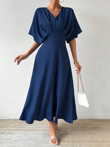 Privé V-Neck Pleated Batwing Sleeve Dress