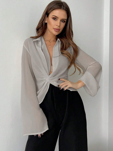 Women's V-Neck Twist Front Flared Sleeve Sun Protection Shirt