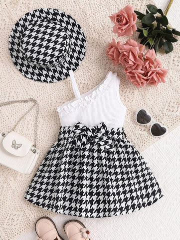 Elegant Baby Girl Houndstooth Plaid Embroidered Dress With Hat