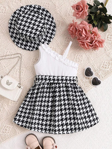 Elegant Baby Girl Houndstooth Plaid Embroidered Dress With Hat
