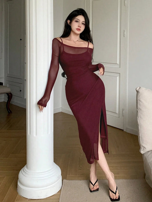 Women's Off Shoulder Mesh Long Sleeve Mini Dress