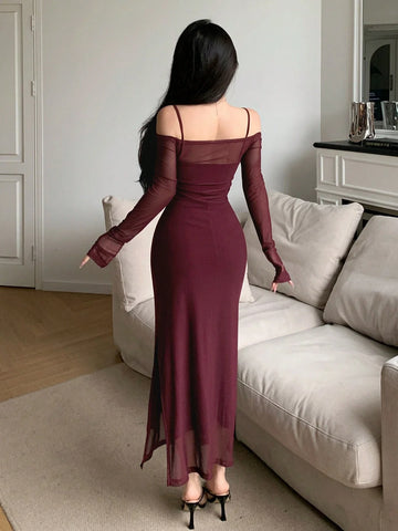 Women's Off Shoulder Mesh Long Sleeve Mini Dress