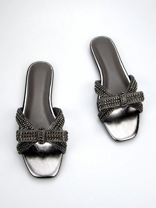 Gorgeous Rhinestone & Chain & Bow Decorated Metallic Fabric Square Toe Flat Sandals