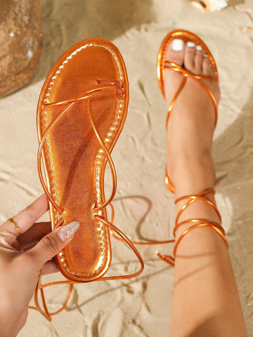 Women Metallic Toe Post Tie Leg Design Flat Sandals