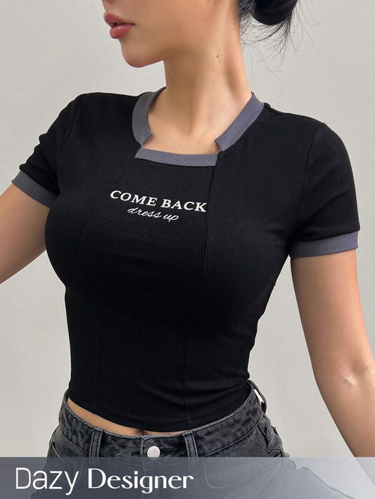 Women Asymmetric Contrast Trim Letter Graphic Short Sleeve T-Shirt