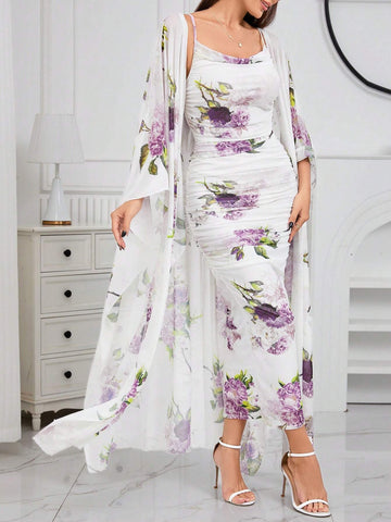 Modely Floral Print Ruched Bodycon Dress & Open Front Coat