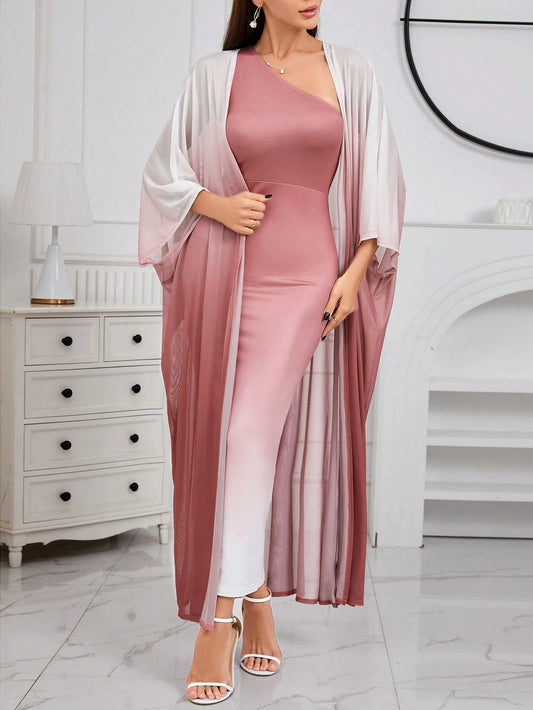 Ombre Shoulder Sloping Dress With Coat Evening Dress 2 Piece Set