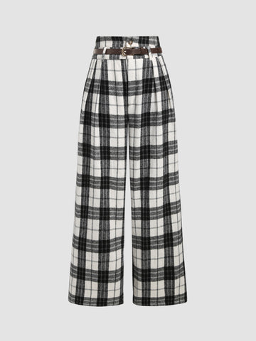 Houndstooth High Waist Belted Wide Leg Trousers