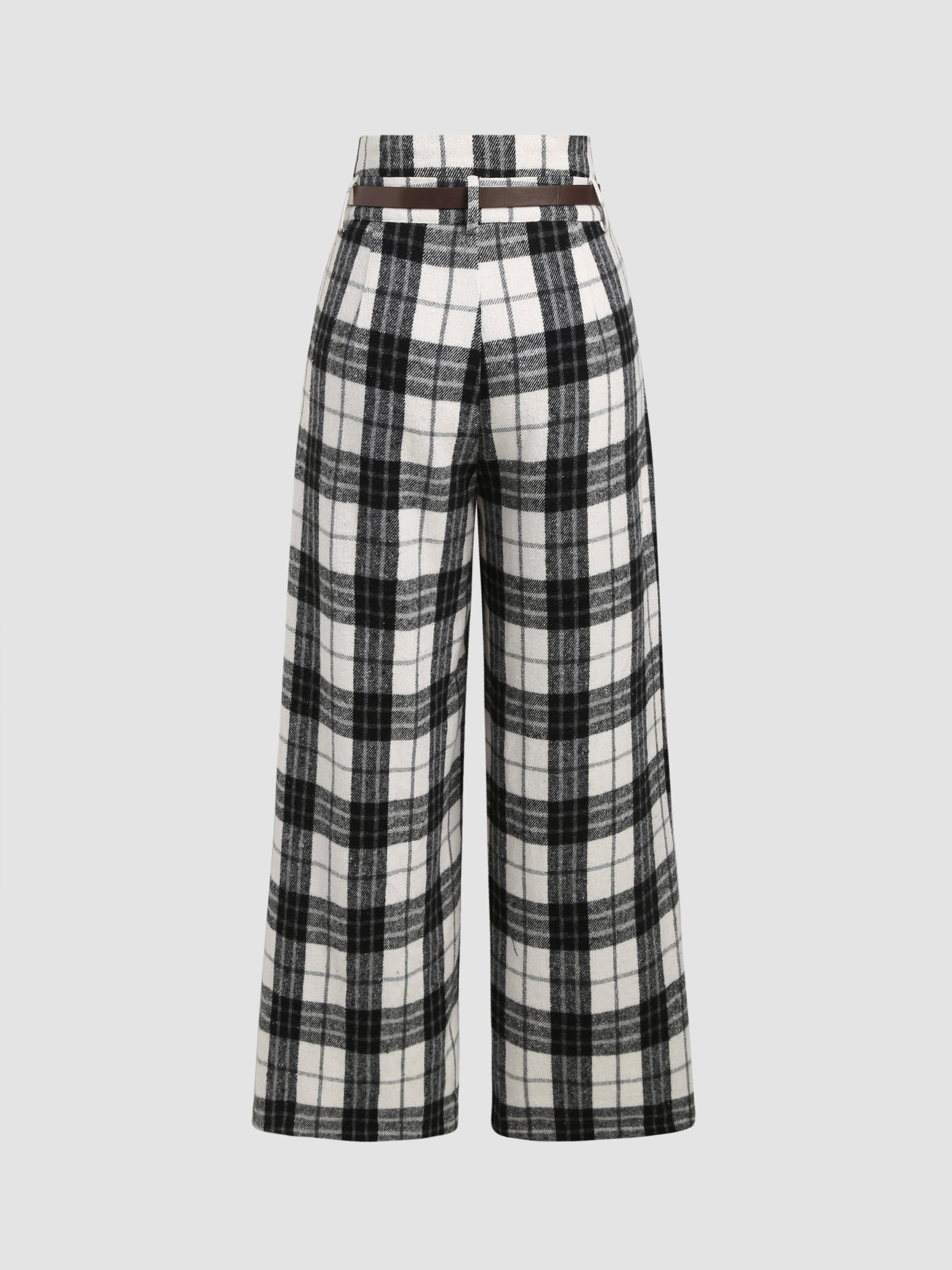 Houndstooth High Waist Belted Wide Leg Trousers