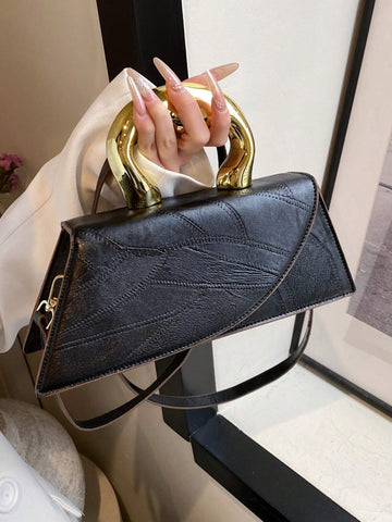 Medium Flap Bag Metal Handle Elegant Niche Design Satchel Bag