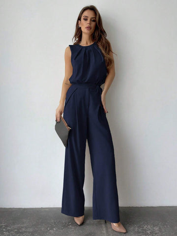 Privé Solid Color Round Neck Pleated Top And Wide Leg Pants