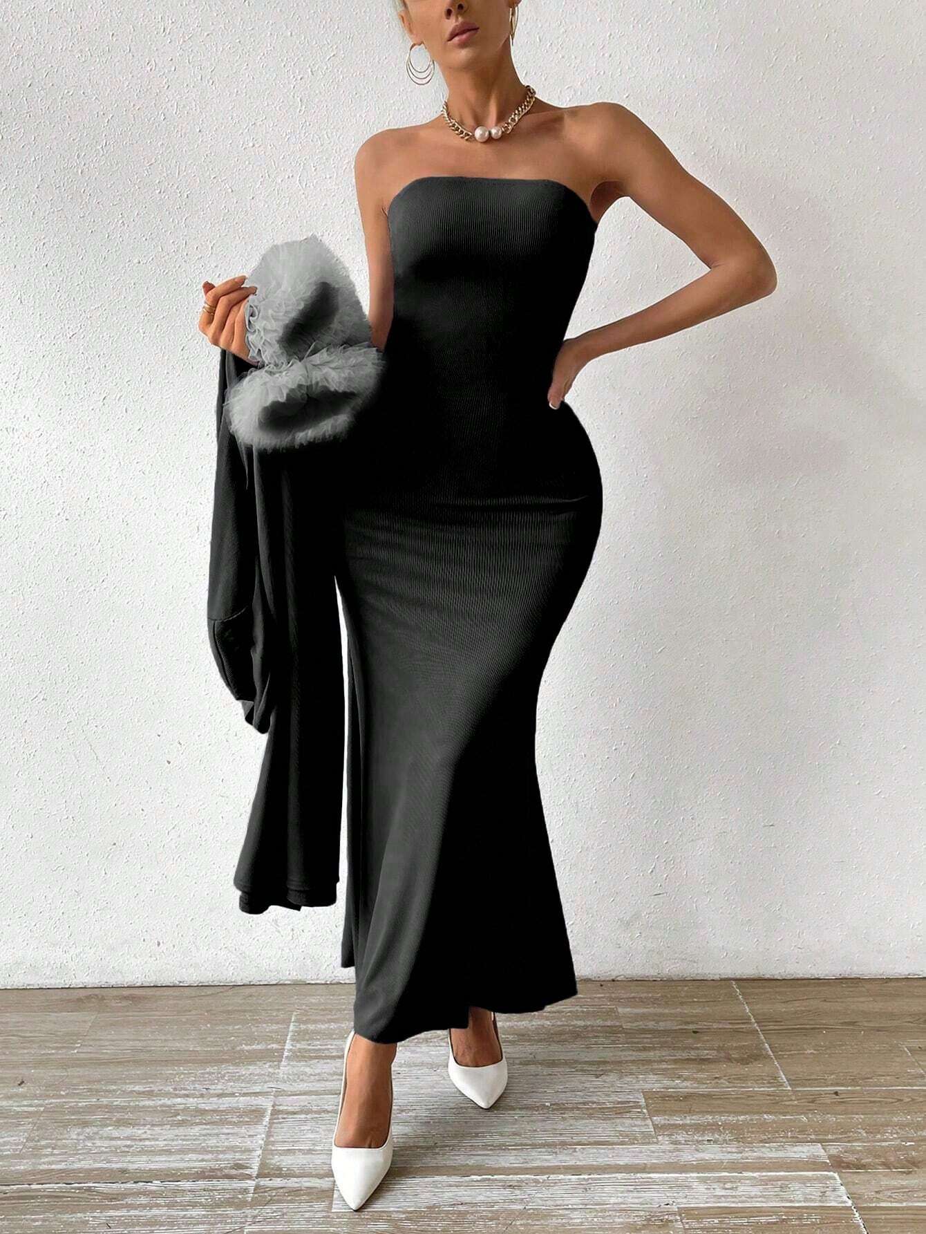 Priv� Women's Long Sleeve Wood Ear Edge Patchwork Outerwear And Strapless Mermaid Dress Two Piece Set