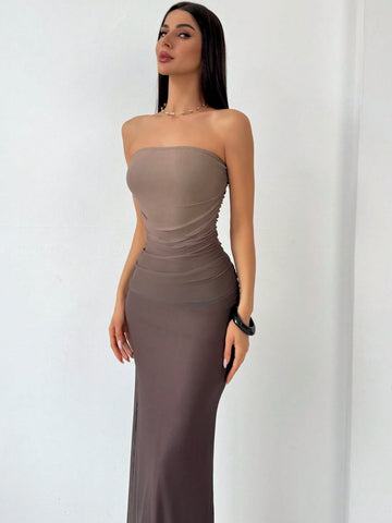 Aloruh American-Style Gradient Mesh Print Strapless Bodycon Dress