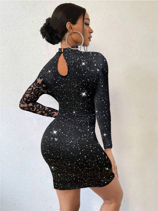 BAE Women Sexy Hollow Out Lace Splice Bodycon Sparkling Black Dress