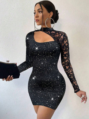 BAE Women Sexy Hollow Out Lace Splice Bodycon Sparkling Black Dress