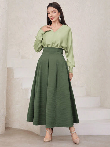 Modely Women's Plain Batwing Sleeve Top With High Waist Pleated Midi Skirt Set