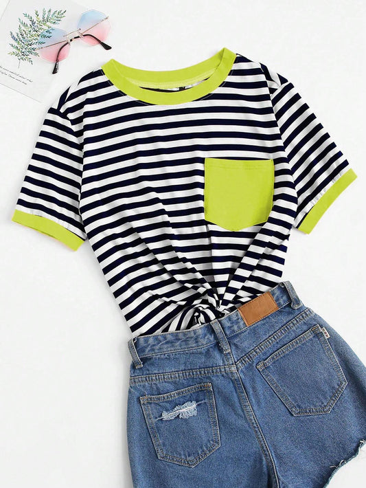 EZwear Neon Green Pocket Patched Striped Ringer Tee