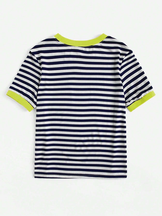 EZwear Neon Green Pocket Patched Striped Ringer Tee