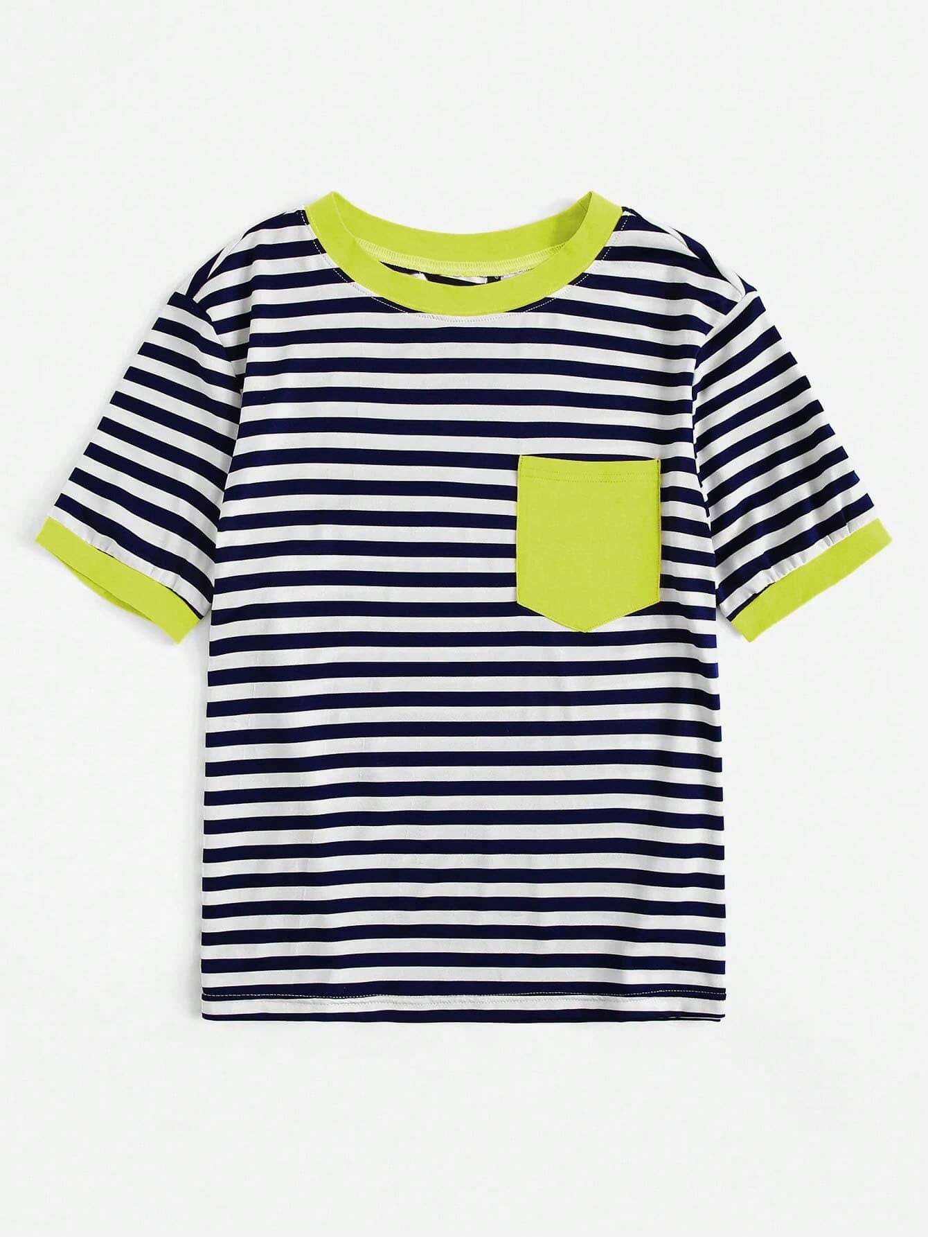 EZwear Neon Green Pocket Patched Striped Ringer Tee