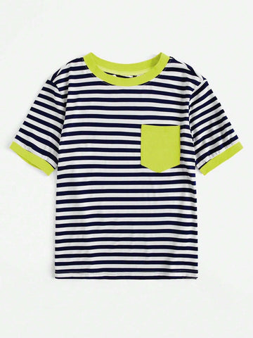 EZwear Neon Green Pocket Patched Striped Ringer Tee